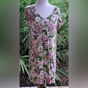 J. Jill Pink Floral Scoop Neck Dress with Green Leaf Print